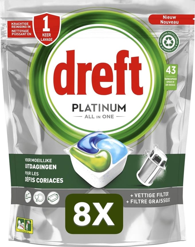 8 x Dreft Platinum All In One - Vaatwascapsules - Original - 43 Capsules