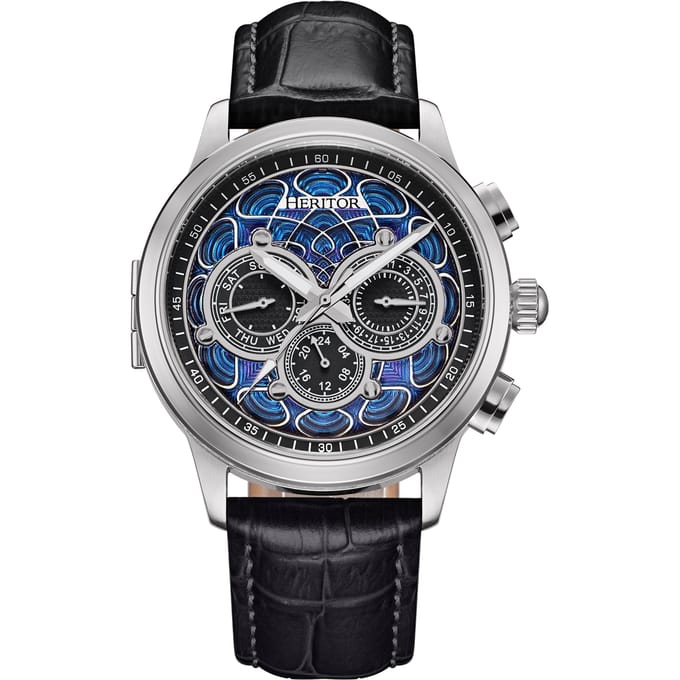 Heritor Automatic Apostle horloge met leren band en dag-/datumaanduiding - zilver/zwart
