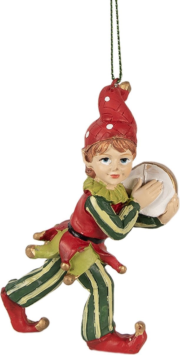 Clayre & Eef Kersthanger Elf 11 cm Rood Groen Polyresin Kerstboomversiering