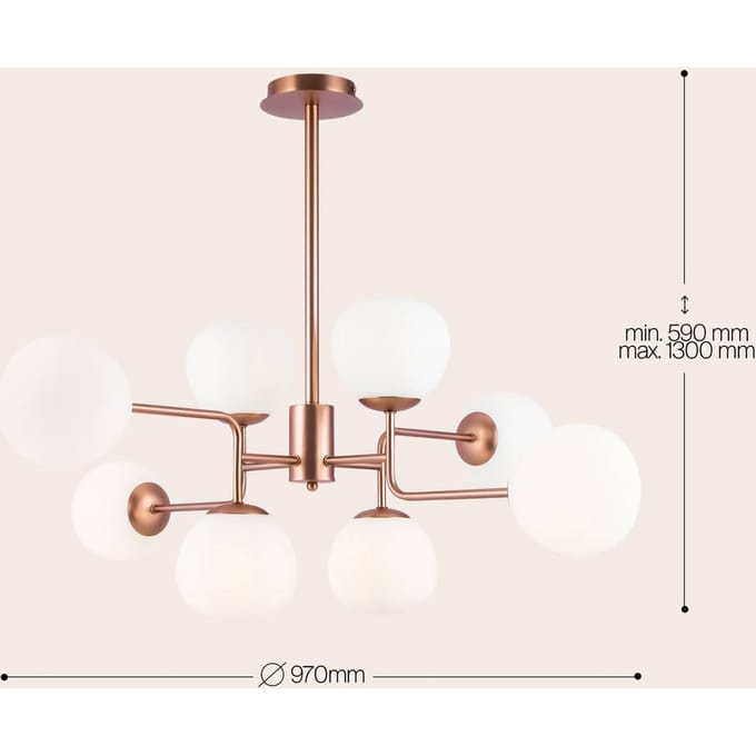 Maytoni kroonluchter Erich, messing rosé, glas/metaal 8-lamps.