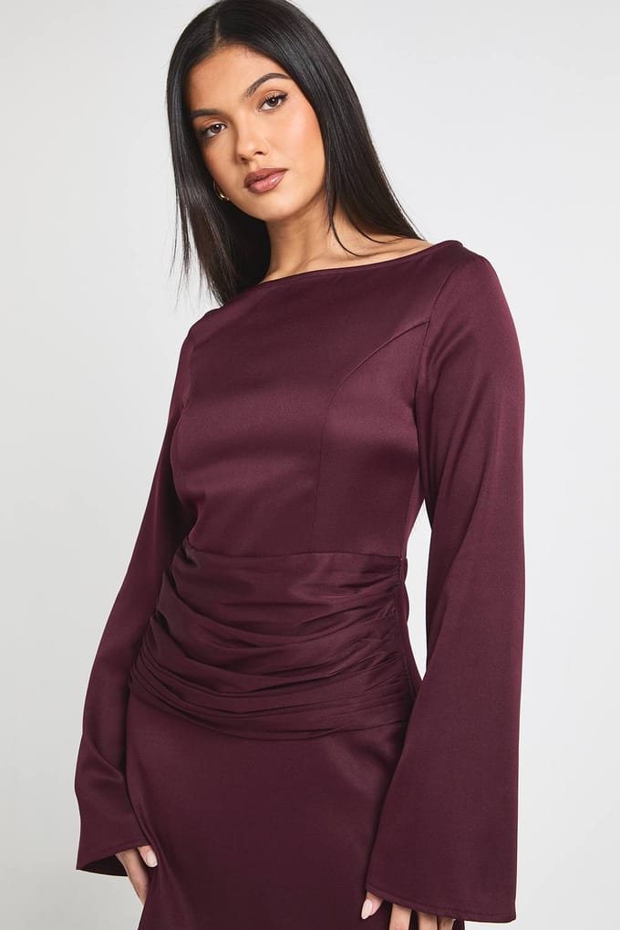 boohoo Dames Satijnen Wikkel Taille Lange Mouw Mini Jurk | Fig | Maat: 10