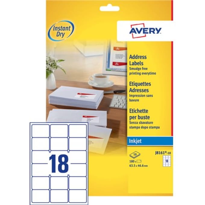 Etiket avery j8161-10 63.5x46.6mm wit 180 Etiketten