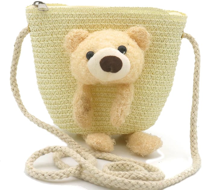 Kinder tasje - geweven - beer - beige - 12,5x14,5x5,5 cm