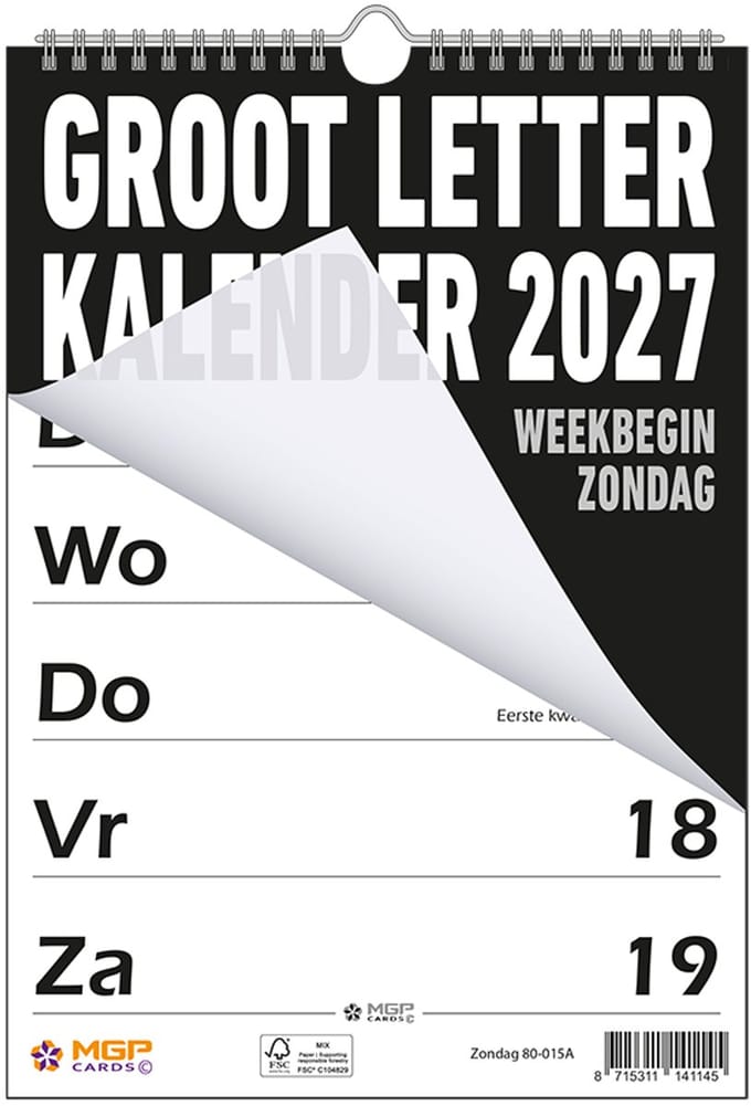 MGPcards - Grootletter kalender - 2027 - Week begint op zondag - 21 x 34 cm - Zwart