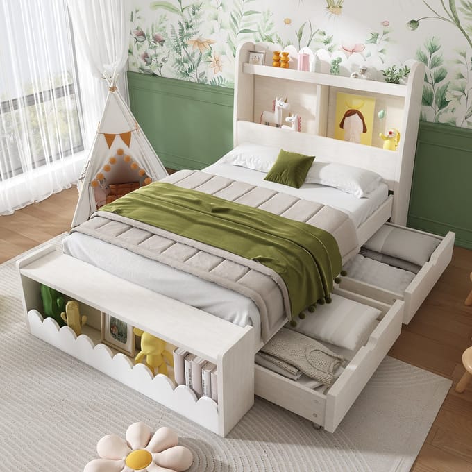 OKWISH Kinderbedden 90x200 - Eenpersoonsbed Met Laden En Lattenrost - Hout - Wit
