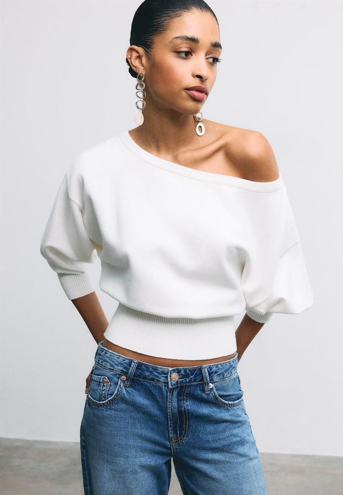 Stradivarius Asymmetrische trui met geribde zoom  Ecru M