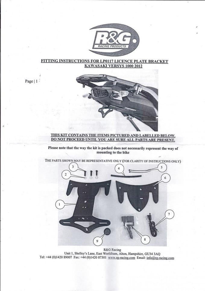 Support plaque immatriculation éclairage Led R&G pour moto Kawasaki 1000 KLZ VERSYS ABS 2012 à 2018 LP0117BK Neuf