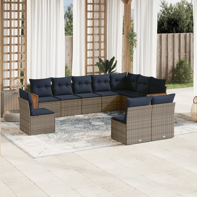 vidaXL - 10-delige - tuinbankset - met - kussens, - grijs - polyrotan