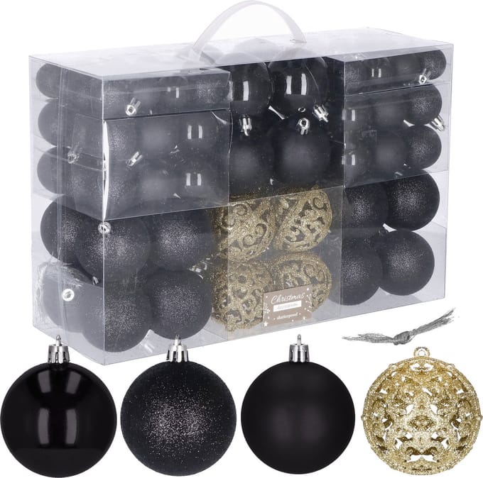 Springos Kerstballen | Kerstversiering | Onbreekbaar | 100 Stuks | Zwart Tinten/Goud
