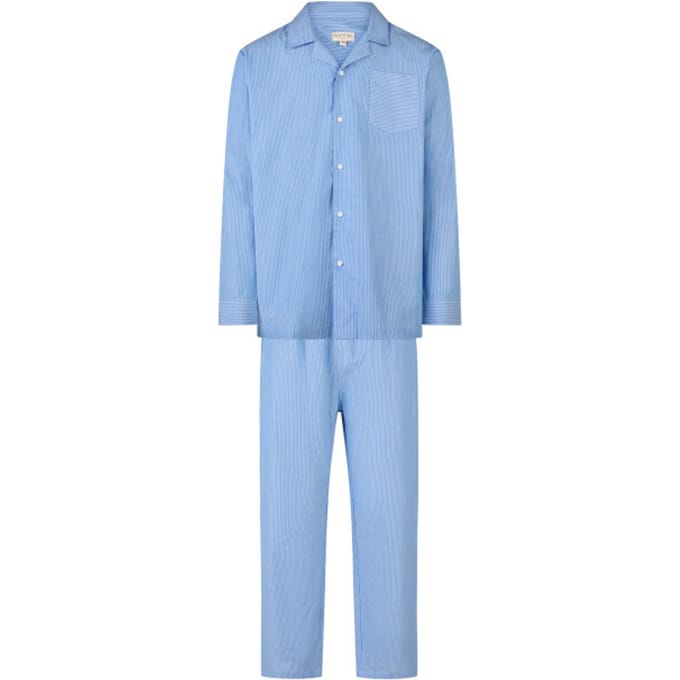 Phil & Co Heren Pyjama Set Lang Geweven Katoen Lichtblauw Gestreept - Met Knoopsluiting - Maat M