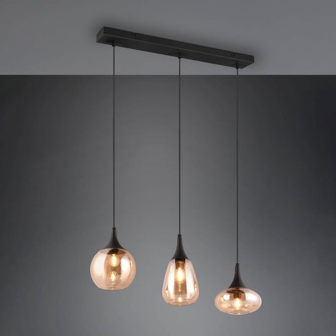 TRIO LUMINA - Hanglamp - Zwart mat - excl. 3x E14 40W - Amber glas