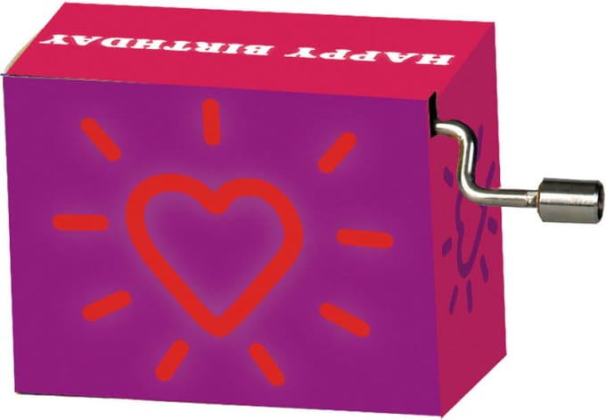 Fridolin muziekdoosje Happy Birthday, heart with aureola, violet