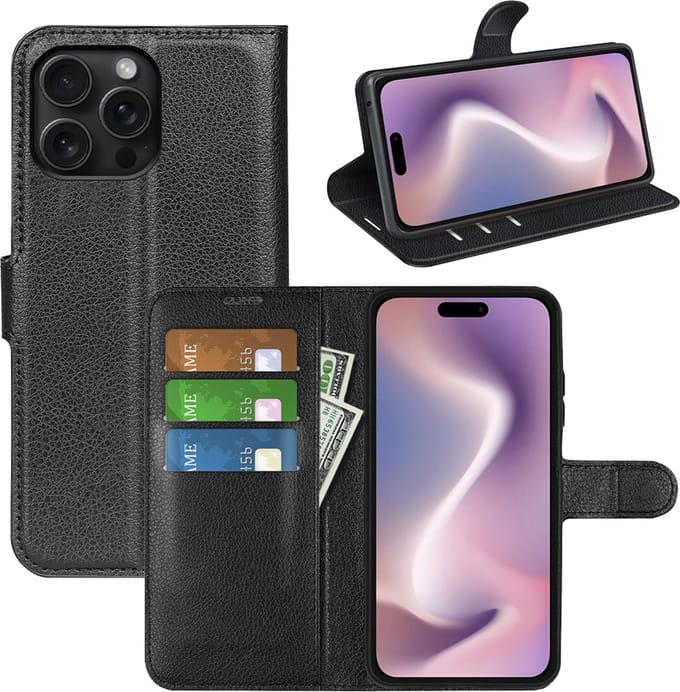 MobyDefend Hoesje - Geschikt voor iPhone 16 Pro Max - Kunstleren Wallet Book Case (Sluiting Voorkant) - Zwart