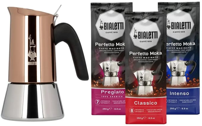 Bialetti Venus Copper Percolator 4 kops + Bialetti koffiepakket 3 x 250gr