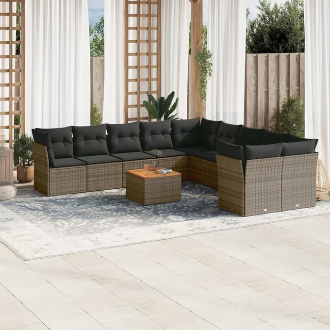 vidaXL - 11-delige - Loungeset - met - kussens - poly - rattan - grijs