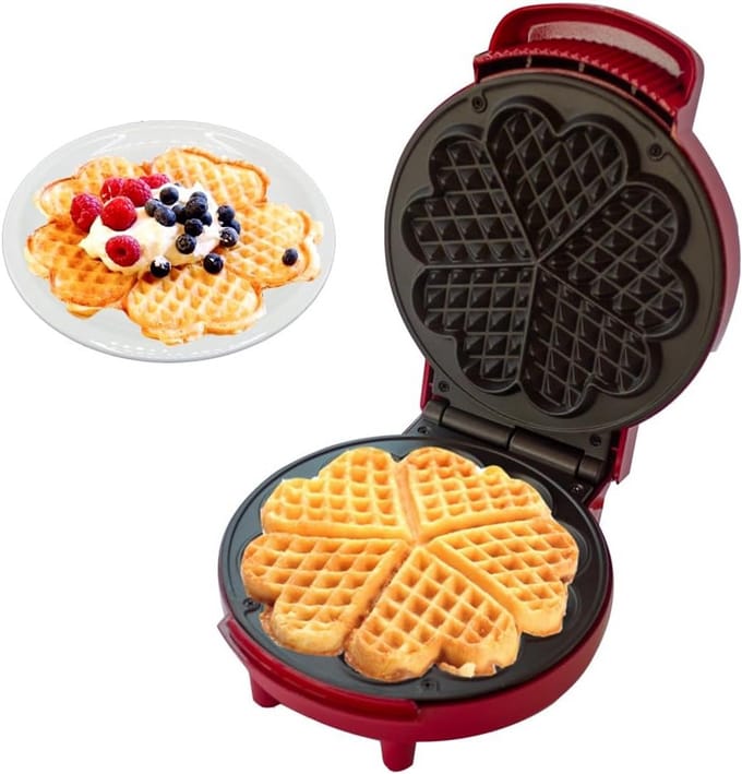 Wafelmachine Hartvormig Met Antiaanbaklaag - 1000W - Wit en Rood