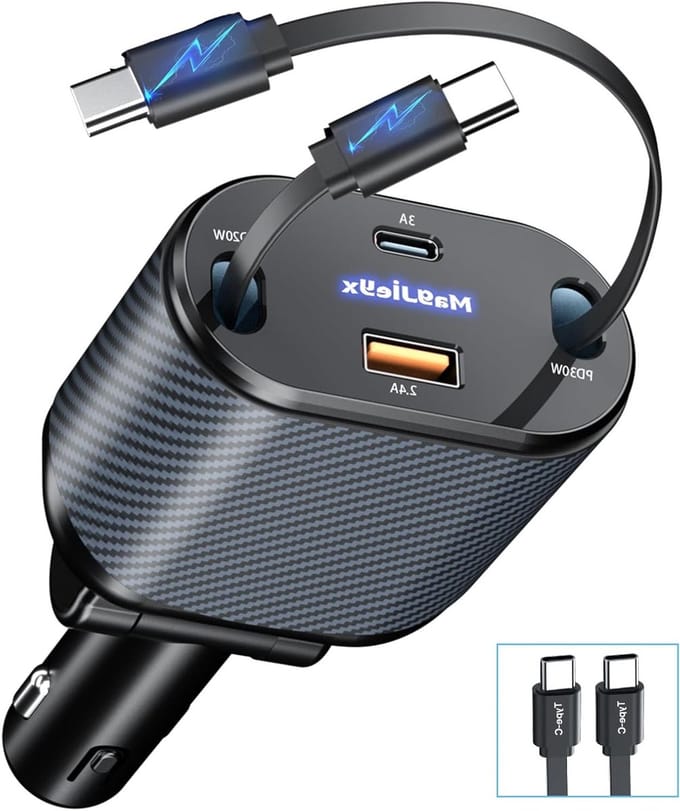 Retractable Autolader met 4 in 1 Aansluitingen, 80W Snelladen, Dubbele Type-C Kabels voor iPhone en iPad, Donkergrijs