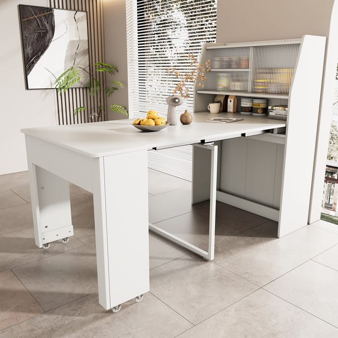 MIVRAY Uitschuifbare Eettafel - Met Opbergruimte En 4 Lengtes - Voor Eetkamer - Spaanplaat En Glas - Wit - 52-132,5x80x76 Cm