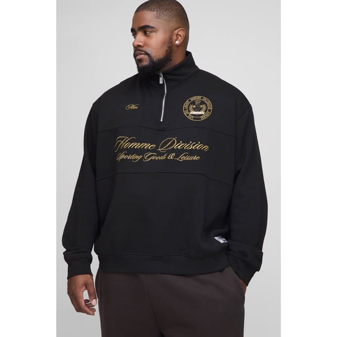 Plus Oversized Boxy Homme Quarter Zip Funnel Neck Sweatshirt | Black | Size 2XL