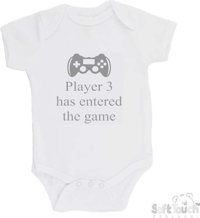 100% katoenen Romper "Player 3 has entered the game" Unisex Katoen Wit/grijs Maat 56/62