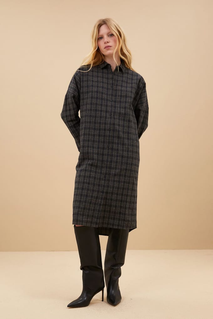 By-Bar Small Check Dress Caramel Maat: M | Blousejurken Outlet | Dames | Grijs
