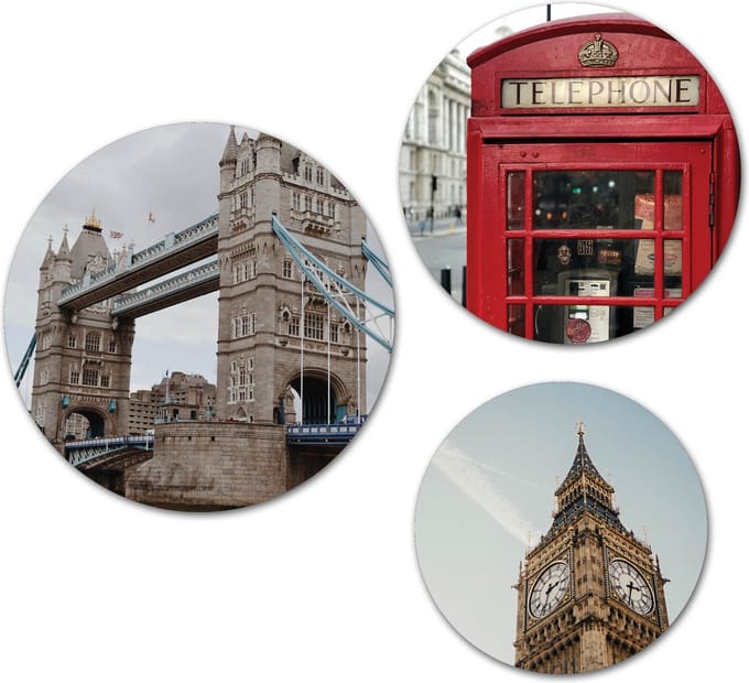 Forex Muurcirkel Set -  Set London - Set van 3 Wandcirkels met Ophangsystemen - 20x25x30