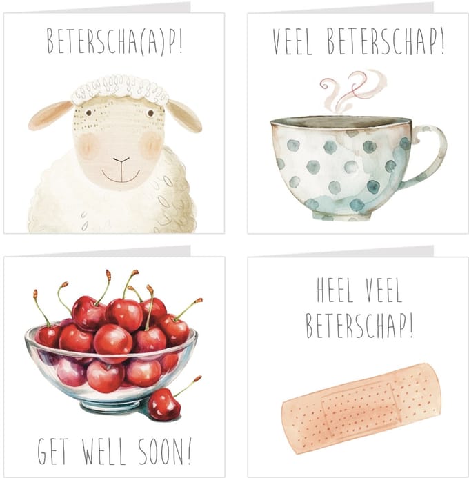 4x Beterschapskaarten / wenskaarten / set kaarten en enveloppen | Veel Beterschap