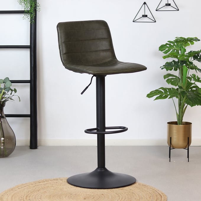 Bronx71® Industriële barkruk Boston leer olijfgroen 60-76 cm - draaibaar - barstoel
