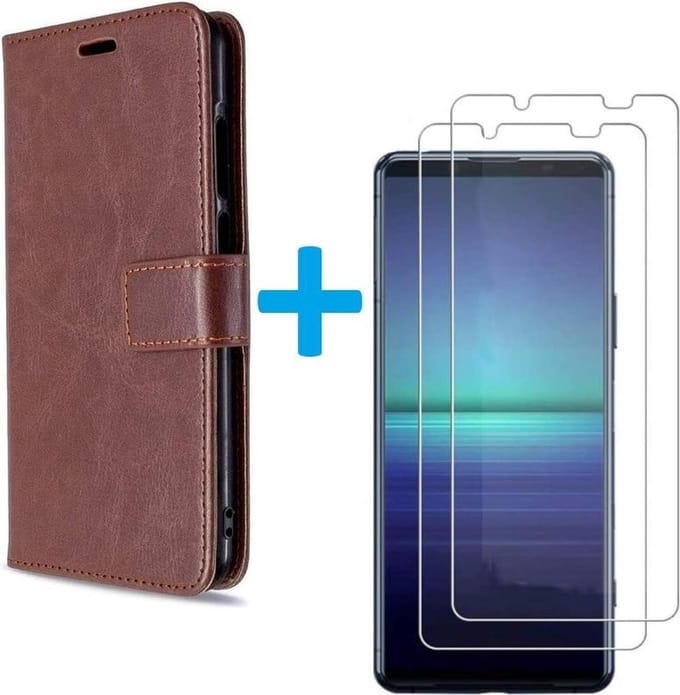 hoesje -Geschikt voor: Sony Xperia 5 II book case bruin met 2 stuks Glas Screen protector