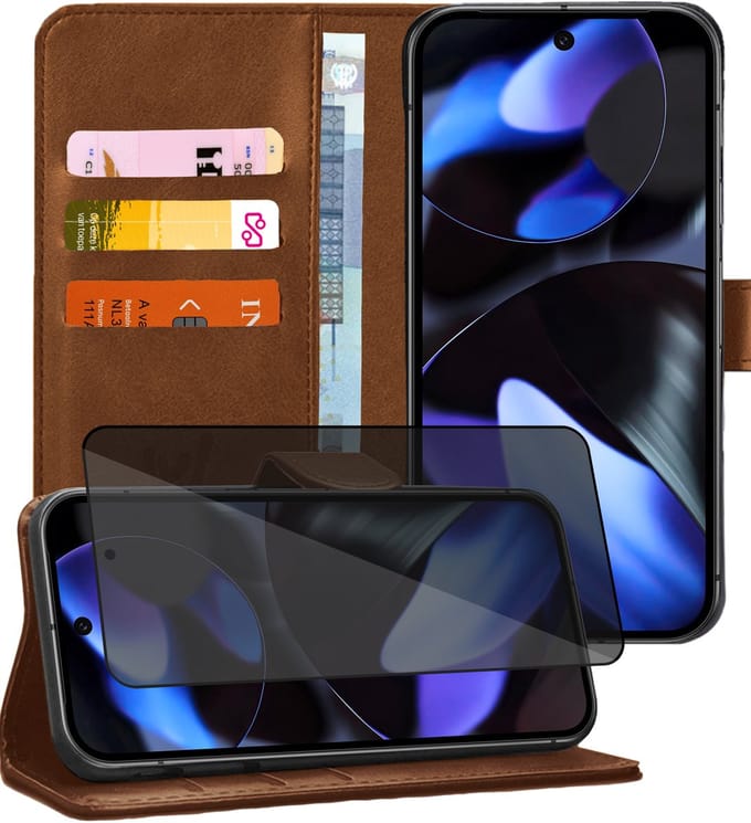 Hoesje geschikt voor Google Pixel 9a - Privacy Screenprotector Volledig Dekkend Glas - Portemonnee Book Case Bruin