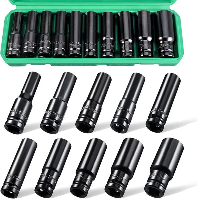 1/2 Inch Slagsleutel Bitset - 12-Delige Diepe Metrische Dopsleutels (10mm-24mm) - Sterke Cr-V Constructie