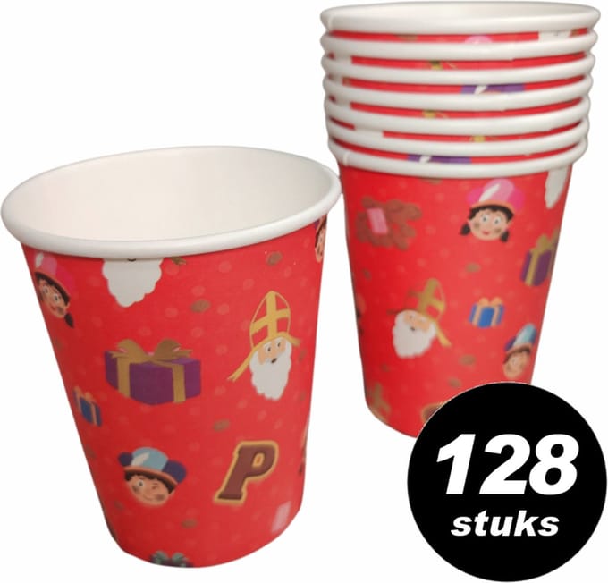 128x Sinterklaas Drinkbekers - Wegwerp bekers karton 'Sint en Piet' 400ml (128 stuks)