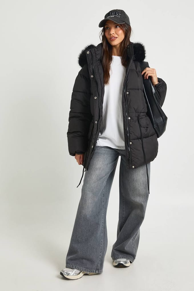 boohoo Dames Parka met nepbontaccent | Black | Maat: 8