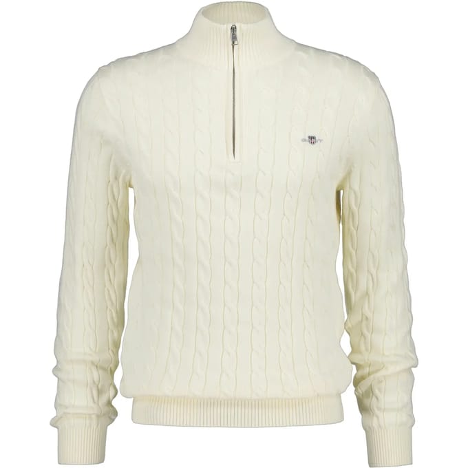 Gant Trui Allover Cable Knit Cotton Half Zip Cream / male