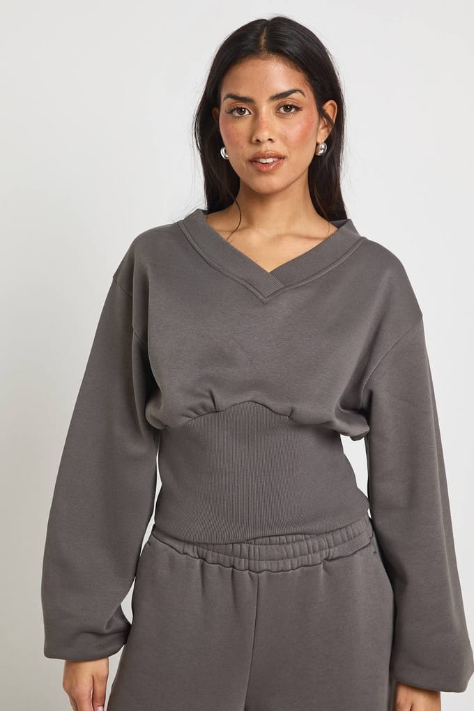 boohoo Dames V-Hals Diep Taille Sweatshirt Trainingspak | Charcoal | Maat: Medium