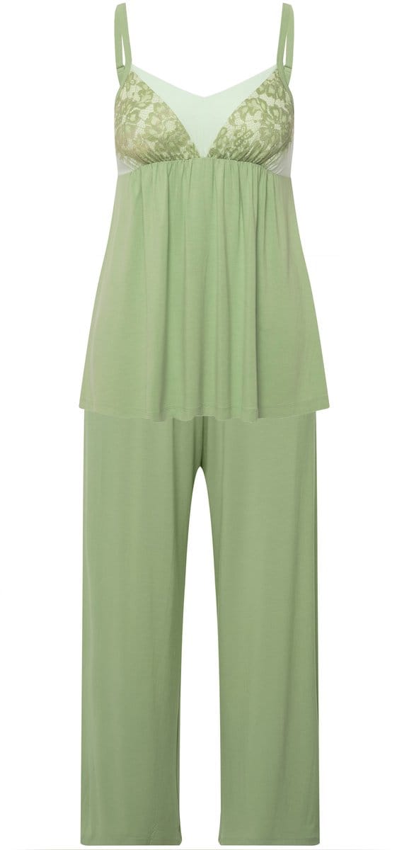 Ulla Popken - Dames - Pyjama kanten lint V-hals mouwloos - Bleekgroen - Maat 46+