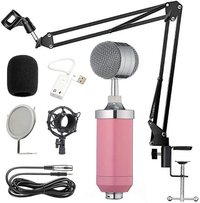 Condensator Microfoon Kit - Podcast Microfoon - Studio Opnames Maken - Cardioïde Opnamepatroon - 3.5mm Connector - Roze