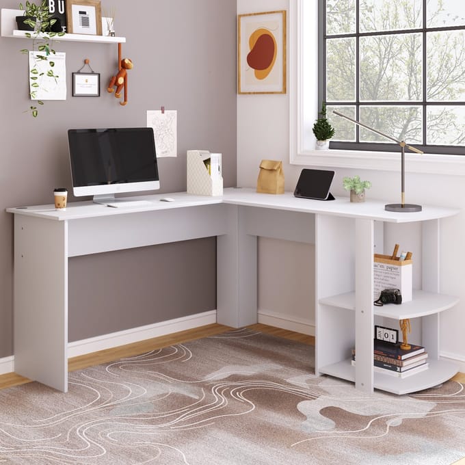 Intebiki 140 cm Hoekbureau computerbureau - L-vormig computertafel met 2 planken - H75/W140/L140 cm - wit