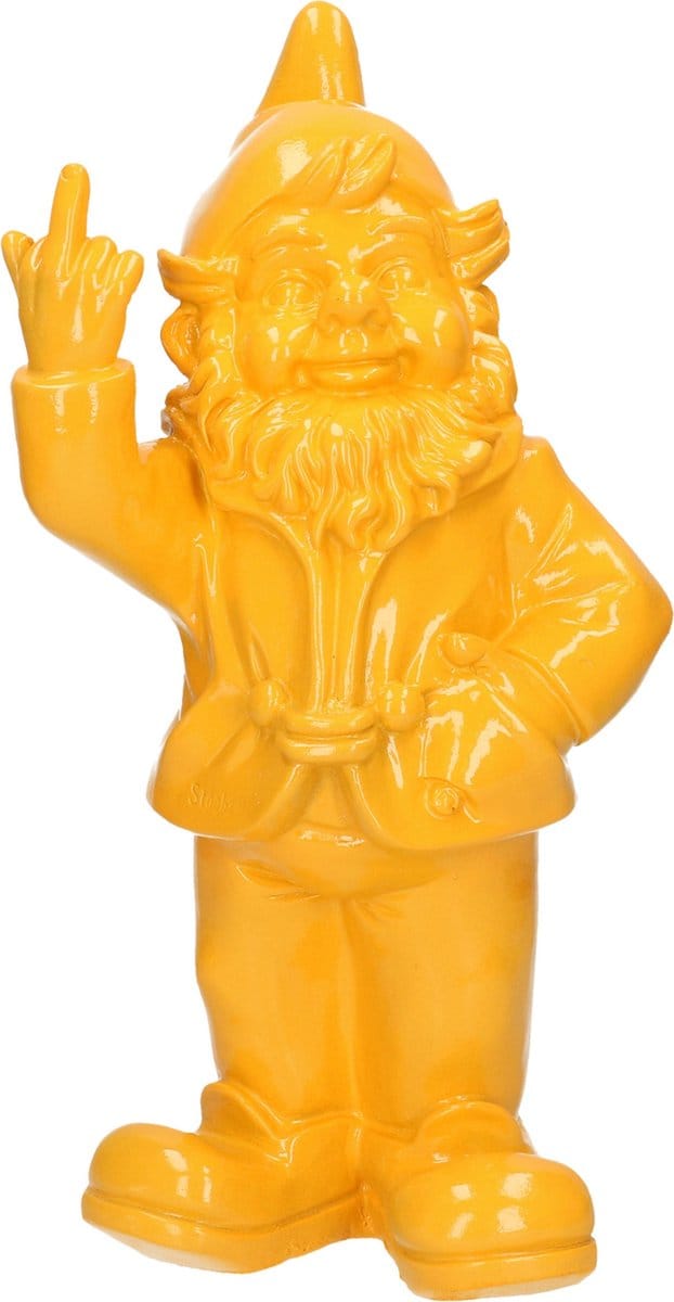 Tuinkabouter middelvinger - brutaal - geel - tuinbeeld - 30 cm - polystone - kabouter