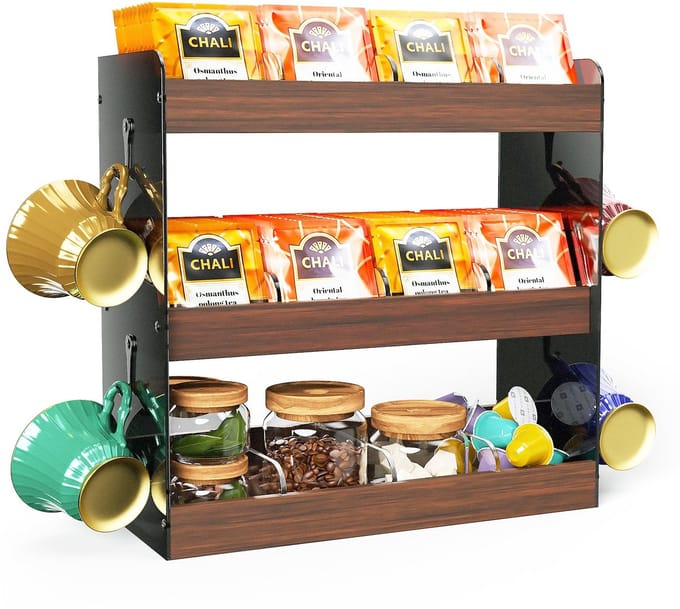 Ibenzoa® Houten en Acryl Thee Organizer met Drie Lagen en Verstelbare Compartimenten