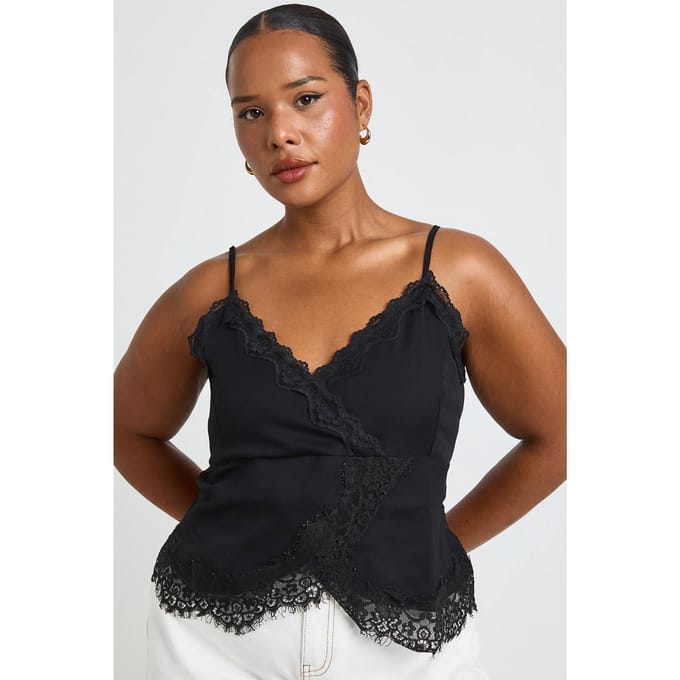 boohoo Dames Plus Kanten Chiffon Cami Top Met Kantafwerking | Zwart | Maat: 54