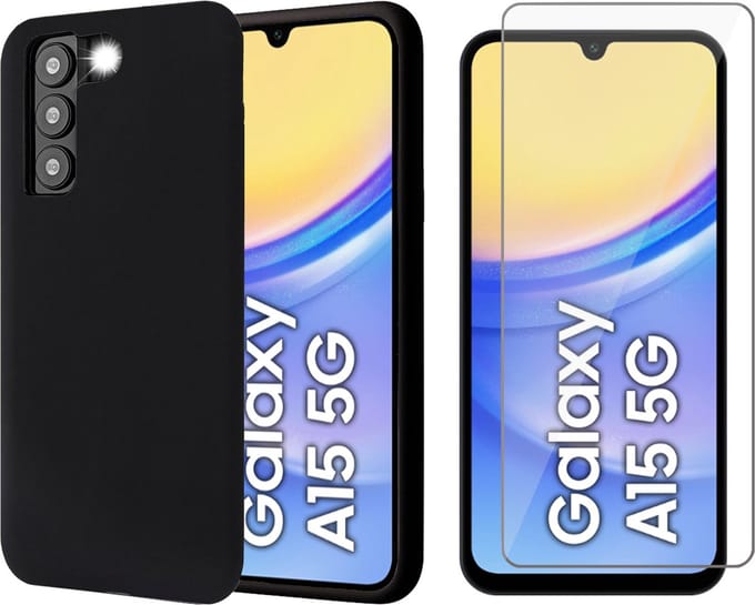 Hoesje geschikt voor Samsung Galaxy A15 - Screenprotector Glas - Mat Back Case Zwart