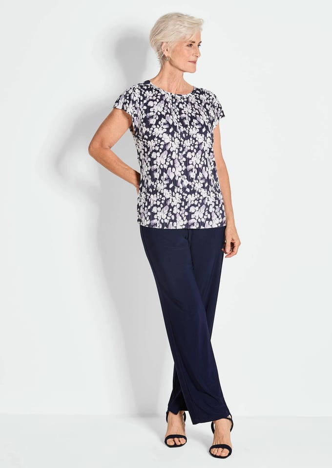 Plisséshirt - marine / wit / gebloemd - Gr. 44 van Goldner Fashion