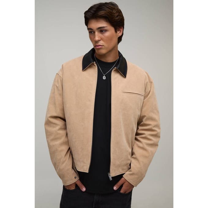 Oversized Boxy Harrington Jas Van Imitatiesuède Met Contrasterende Kraag | Stone | Size Medium