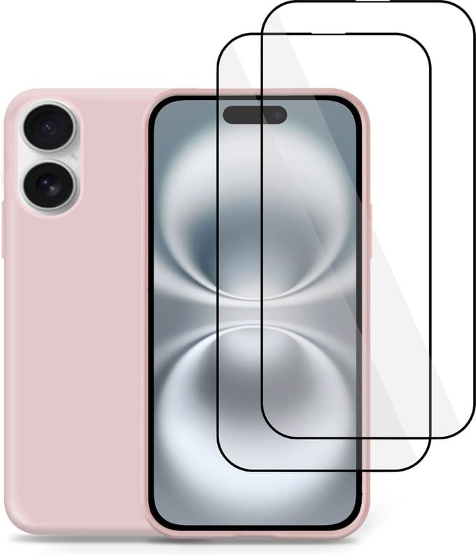 Hoesje + 2x Screenprotector geschikt voor Apple iPhone 16 Plus – Full Screen Tempered Glass - Liquid Back Case Cover Rose