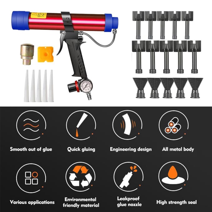 Verstelbare pneumatische glaslijmpistool Air Rubber Gun Tool 310ml Harde lijmkit applicator Kit