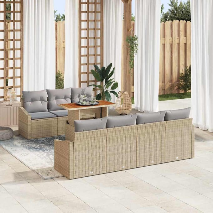 vidaXL Tuin Eettafel Set met kussen 8 pcs Beige en Grijs