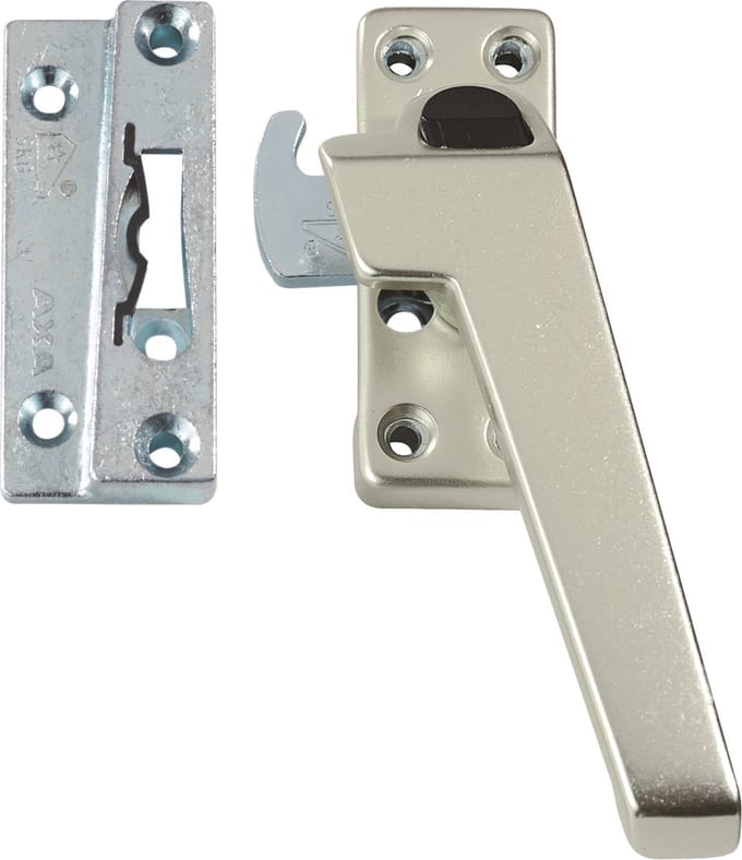 AXA Raamsluiting (model 3318) Aluminium Champagne: Afsluitbaar met drukknop, links naar buiten draaiend.