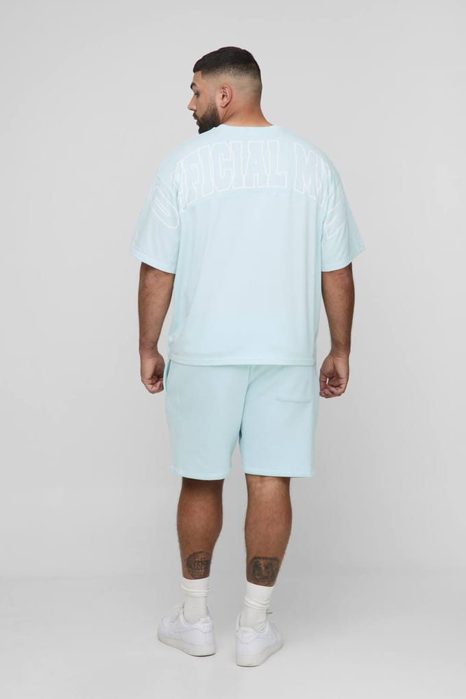 Plus Official Men's Contrast Stitch Oversized Boxy T-Shirt en Relaxed Jersey Short Set | Light Blue | Size 2XL
