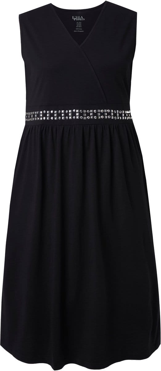 Ulla Popken - Dames - Midi-jurk borduursel wikkellook V-hals mouwloos - Zwart - Maat 62+